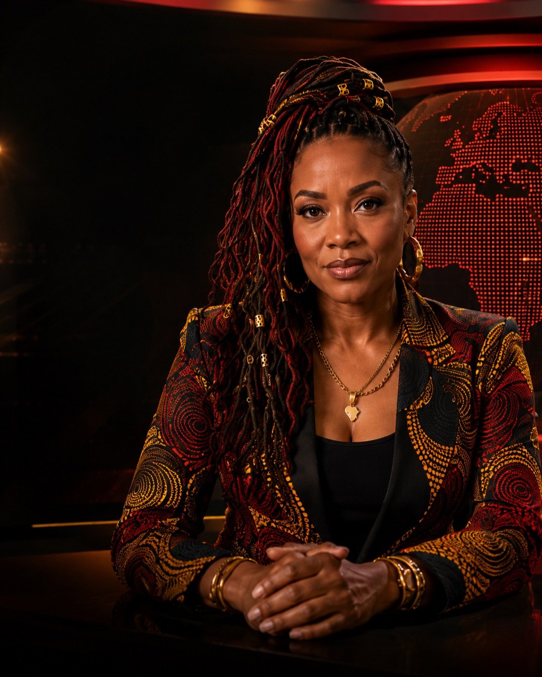 Quest Collective TV news anchor Amara at the desk